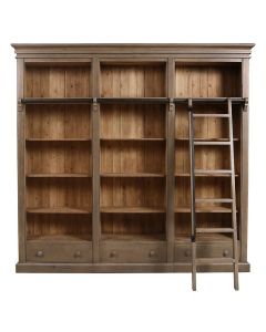 Bibliothèque 3 modules avec échelle en épicéa massif brun fumé grisé - Natural