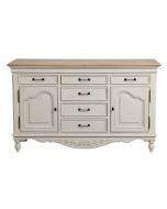 Buffet bas lin vieilli 2 portes 6 tiroirs avec plateau en bois - Romance