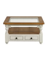 Table basse carrée 4 tiroirs en bois blanc vieilli avec plateau en épicéa et verre - Natural