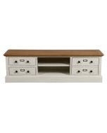 Meuble TV 4 tiroirs en bois blanc vieilli avec plateau en épicéa massif - Natural