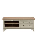 Meuble TV gris plume 2 tiroirs en pin et plateau en frêne massif - Esquisse