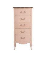 Commode chiffonnier rose poudré et plateau bois 5 tiroirs
