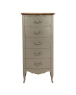 Commode chiffonnier 5 tiroirs en pin gris fumé glossy et plateau en frêne