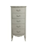 Commode chiffonnier 5 tiroirs en pin gris perle patiné