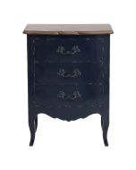 Petite commode bleu indigo 3 tiroirs en pin et plateau en frêne