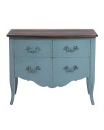 Commode 4 tiroirs en épicéa nuage de bleu et plateau chêne