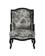 Fauteuil bergère en tissu toile de Jouy gris anthracite et piétements noirs - Césarine