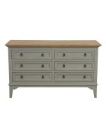 Commode 6 tiroirs gris clair vieilli en pin massif et plateau en frêne massif - Esquisse